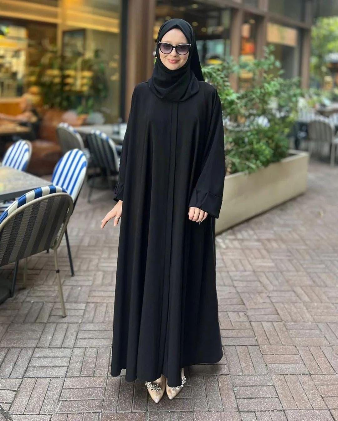 ELEGENT GEORETTE FULL ABAYA FOR WOMEN - 2 PCS - PLAIN BLACK WITH ROUND NECK